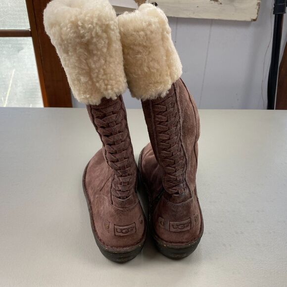 UGG Karyn Cuffed Suede Sheepskin Boots Womens 7 Brown Mid Calf - Picture 6 of 15